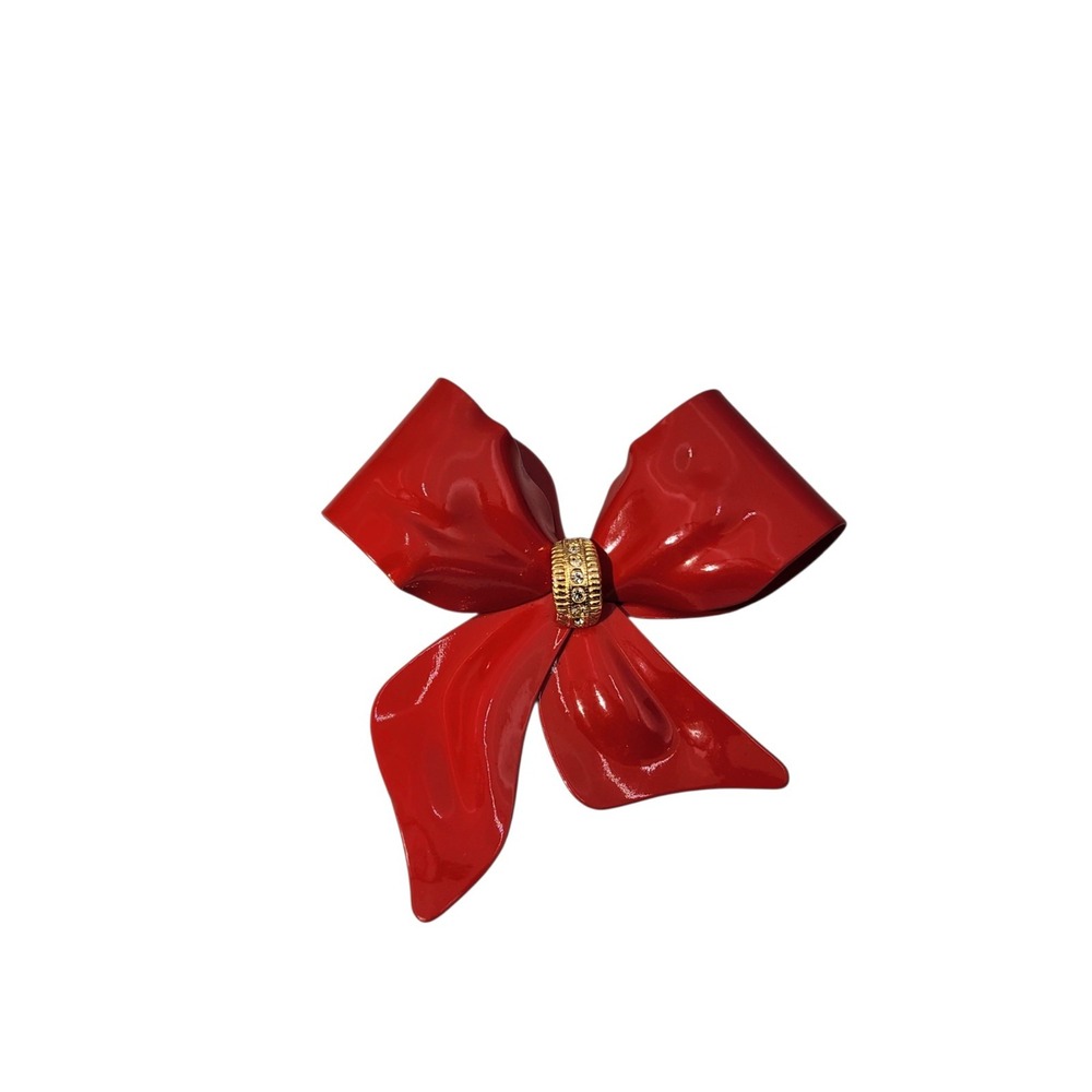 Vintage Red Metal Gold Tone Rhinestone Accent Present Ribbon Bow Brooch Pin
